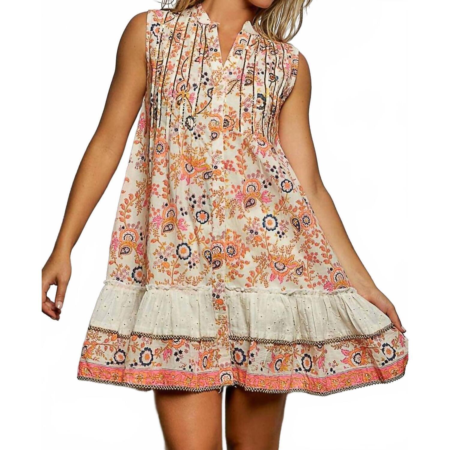 New Pol Printed Pintuck Spangle Button Down Dress In Ivory/Orange Multi